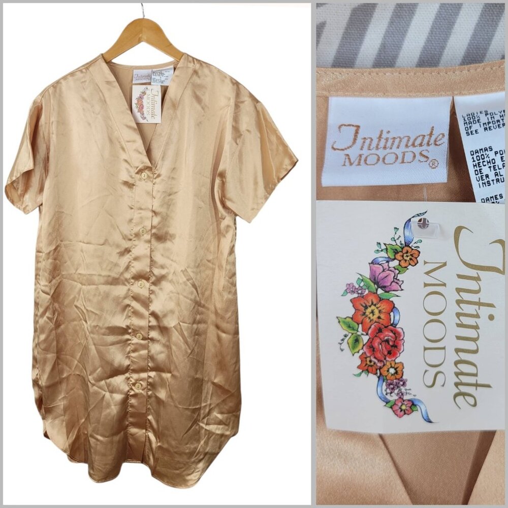 NEW Vintage 90s Satin Nightgown Medium Night Sleep Shirt Tan Gold Button Up